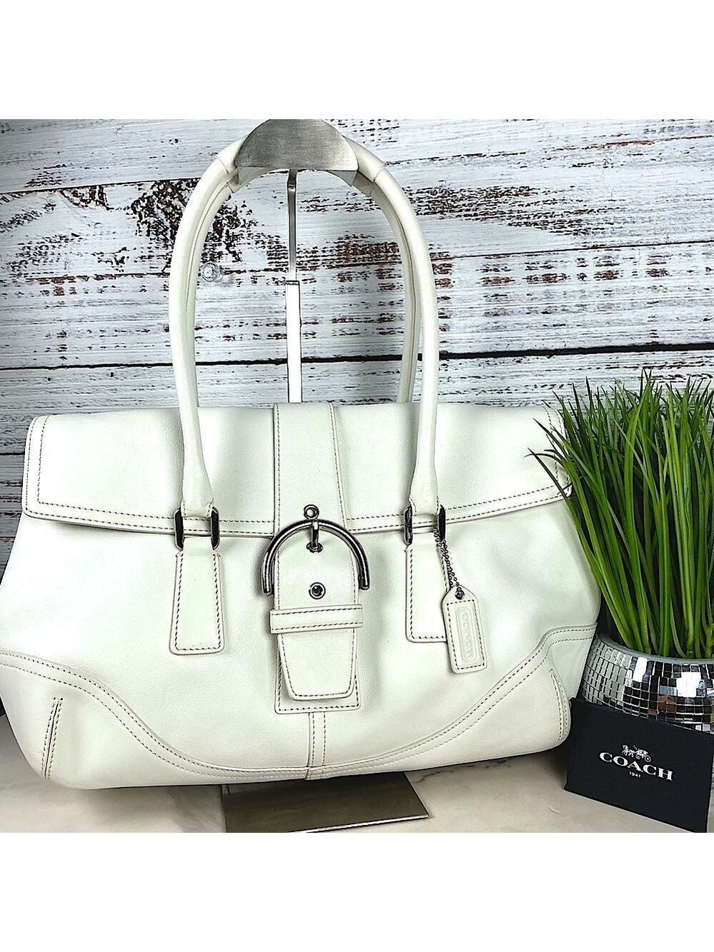 Coach Buckle Vintage Hand Shoulder Bag Soho‎ White Leather Satchel Silver Hardwa - Picture 3 of 16
